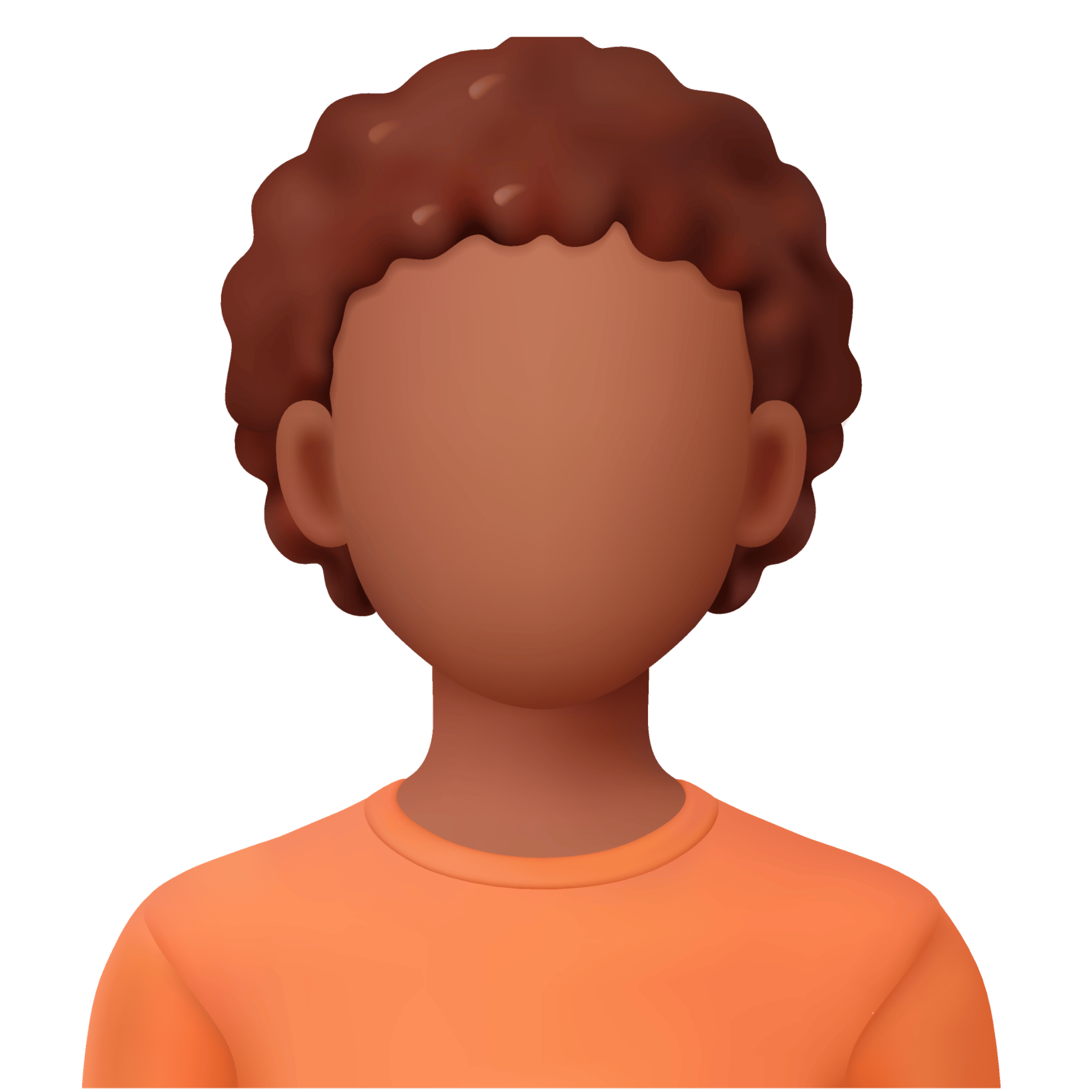 Profil 2 — visage rond, boucles cuivrées, yeux sombres, teint mat